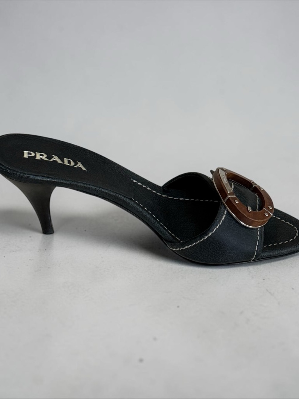 Authentic Vintage Prada Navy Blue Leather Mule Slides Wood Buckle! 36(EU) 6(US) - Picture 8 of 16